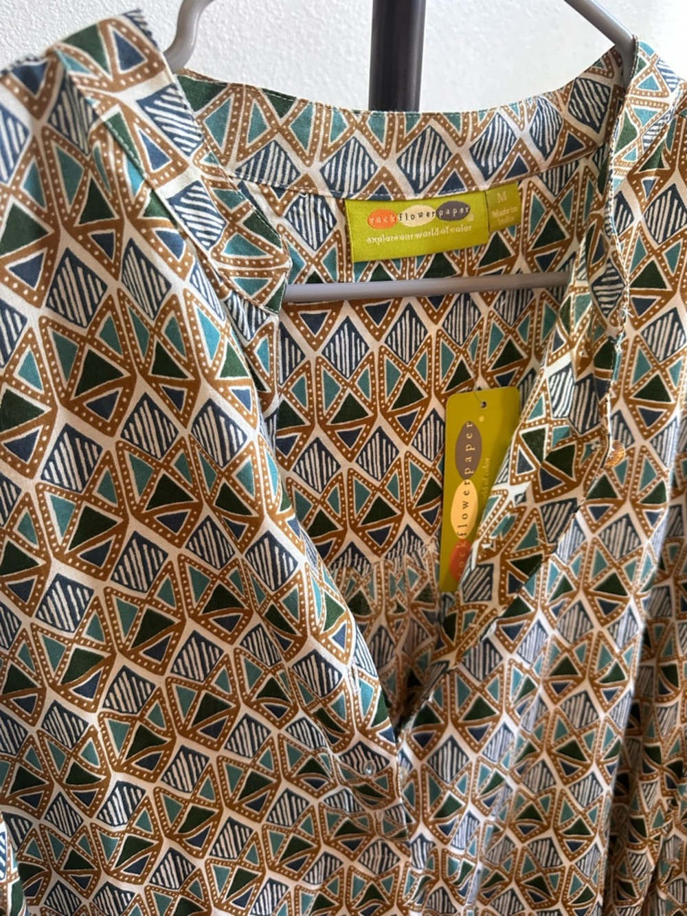 Rockflowerpaper Printed Button-Up Shirt in Teal & Brown